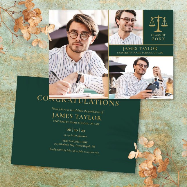 Invitation Emerald Green 3 Photo Law School Graduation Party (Emerald Green 3 Photo Law School Graduation Party Invitation)