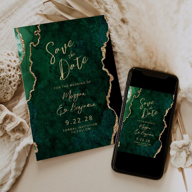 Invitation Emerald Green Agate Script Wedding Enregistrer la  (Créateur téléchargé)