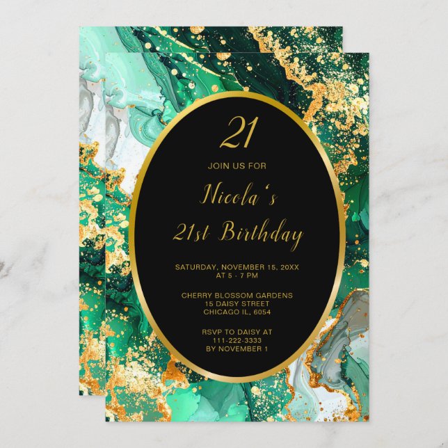 Invitation Emerald Green and Gold Marble Agate Birthday Party (Devant / Derrière)