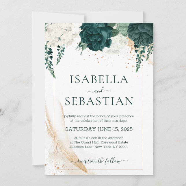 Invitation Emerald Green and White Rose Floral BUDGET (Devant)