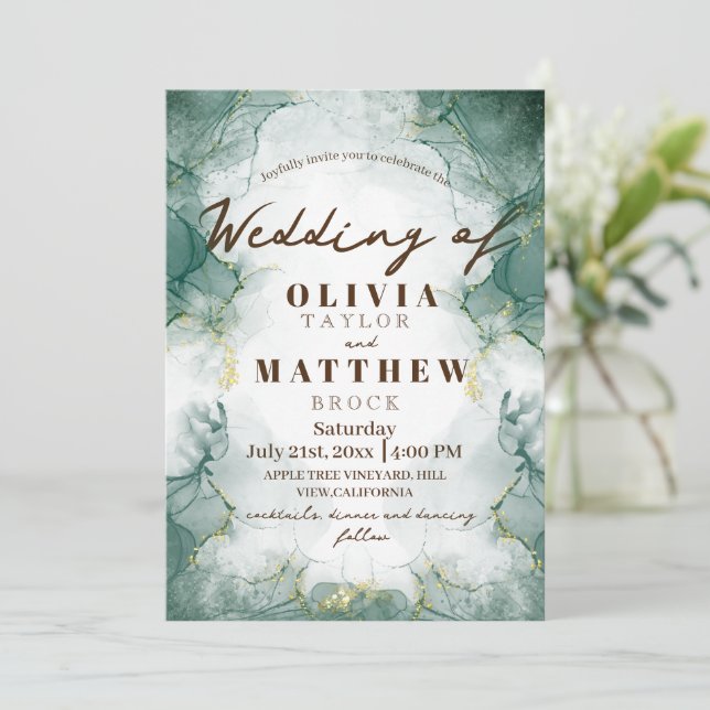 Invitation Emerald Green Aquarelle Mariage moderne (Debout devant)
