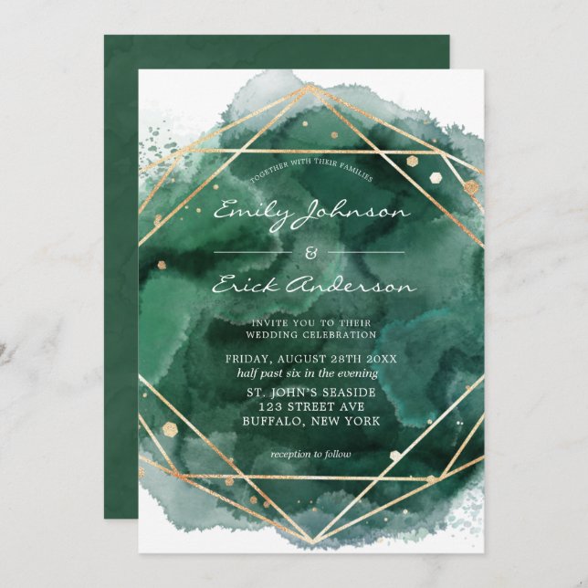 Invitation Emerald Green Aquarelle or Mariage géométrique (Devant / Derrière)