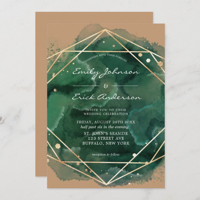 Invitation Emerald Green Aquarelle Or Tan Mariage (Devant / Derrière)