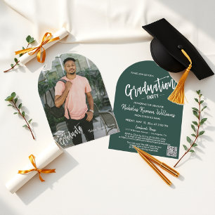 Invitation Emerald Green Arch Photo QR Code Grad Party