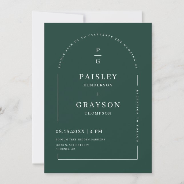 Invitation Emerald Green Arch Photo QR Code Monogramme (Devant)