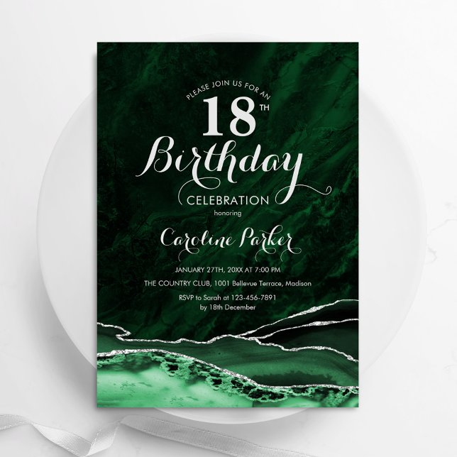 Invitation Emerald Green Argent Agate Marbre 18e anniversaire (Créateur téléchargé)