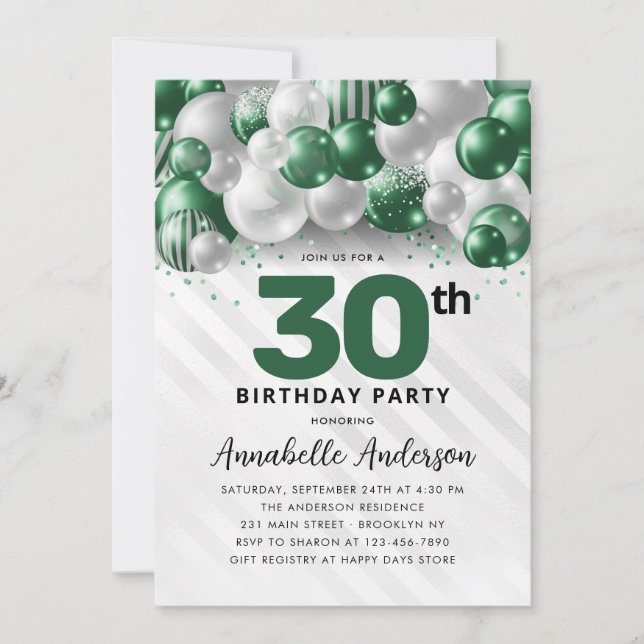 Invitation Emerald Green Balloon Parties scintillant 30e anni (Devant)