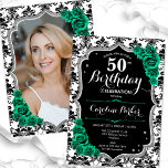 Invitation Emerald Green Black Damask Photo 50th Birthday<br><div class="desc">Elégante invitation à 50e anniversaire fleurie avec votre photo au verso de la carte. Glam noir blanc émeraude vert design avec fausse parties scintillant argent. Caractéristiques noir et blanc motif damassé, roses verts, police de script et confetti. Parfait pour une fête anniversaire adulte élégante. Personnalisez avec vos propres détails. Peut...</div>