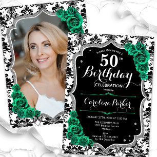 Invitation Emerald Green Black Damask Photo 50th Birthday