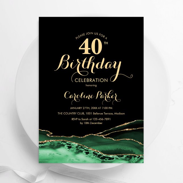 Invitation Emerald Green Black Gold Agate 40e anniversaire (Créateur téléchargé)
