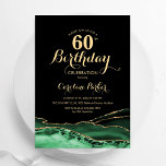 Invitation Emerald Green Black Gold Agate 60e anniversaire<br><div class="desc">Émeraude vert,  noir et or agate 60e anniversaire invitation de fête. Design moderne élégant avec aquarelle verte agate marbre arrière - plan,  fausse parties scintillant or et typographie script. Carte invitation branchée parfaite pour une célébration anniversaire féminine élégante. Invitations Zazzle imprimées ou téléchargement instantané modèle imprimable numérique.</div>
