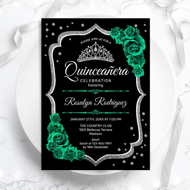 Invitation Emerald Green Black Silver Elegant Quinceanera (Créateur téléchargé)