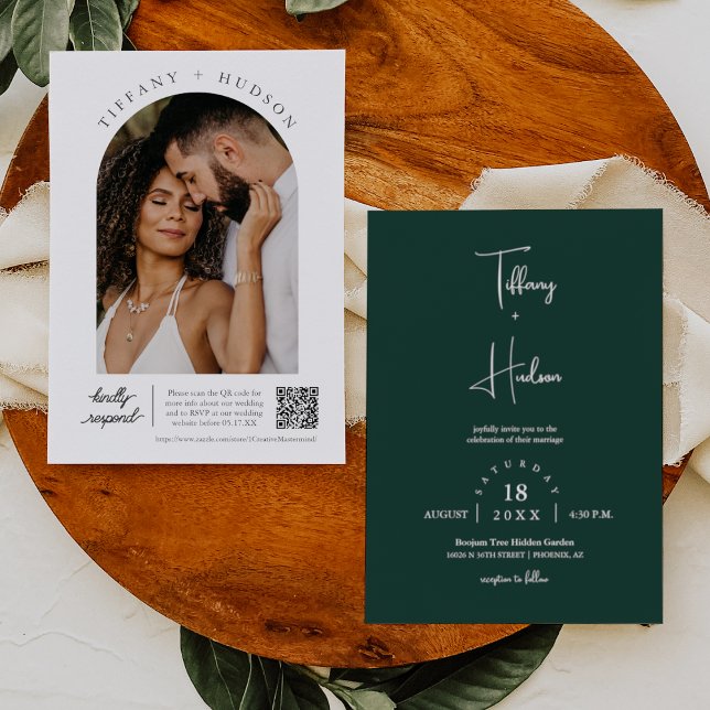Invitation Emerald Green Boho Mariage Arch Photo QR Code (Créateur téléchargé)