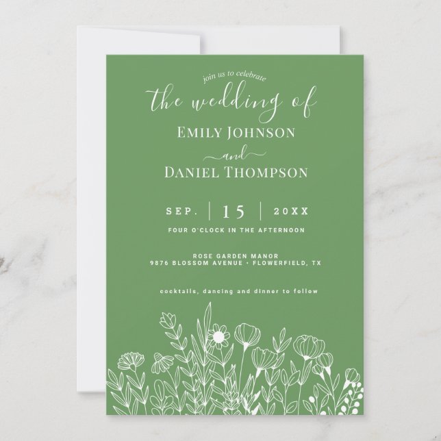 Invitation Emerald Green Boho minimaliste Mariage floral (Devant)