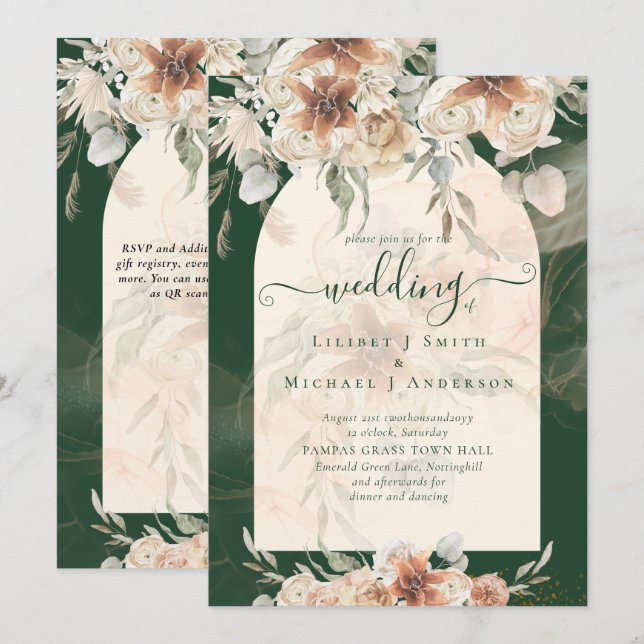 Invitation Emerald Green BOHO Terracotta Floral Mariage (Devant / Derrière)
