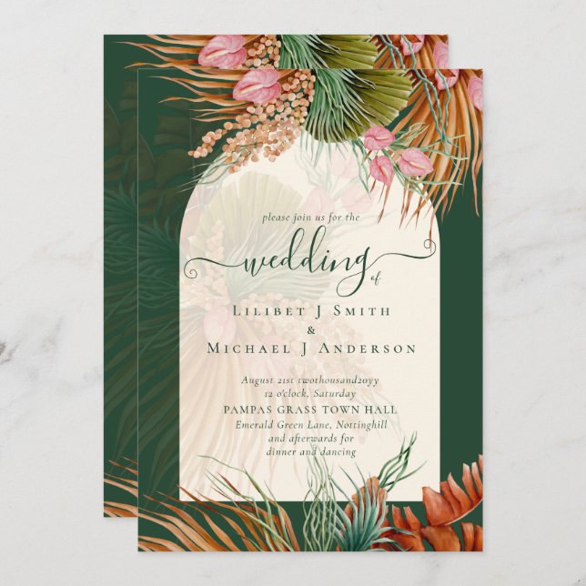 Invitation Emerald Green Boho Tropical Pampas Grass Mariage (Devant / Derrière)