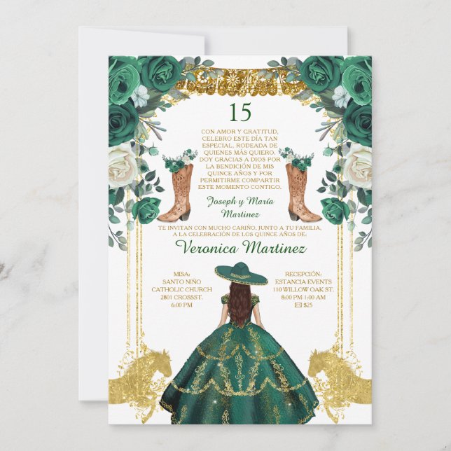 Invitation Emerald Green Boots Espagnol Or 15 Años Anniversai (Devant)