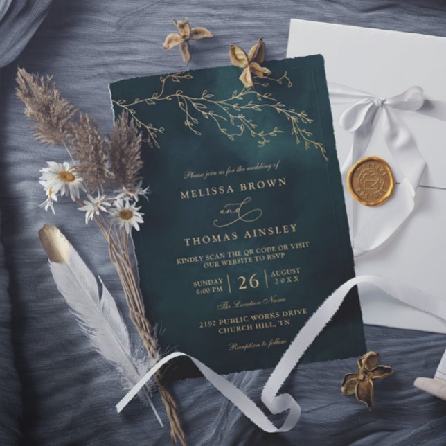 Invitation Emerald Green Botanical Elegant QR Code Wedding (Créateur téléchargé)