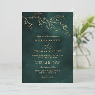 Invitation Emerald Green Botanical Elegant QR Code Wedding