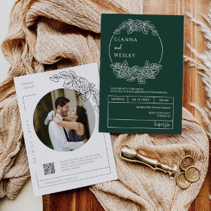 Invitation Emerald Green Botanical Line Art QR Code Photo