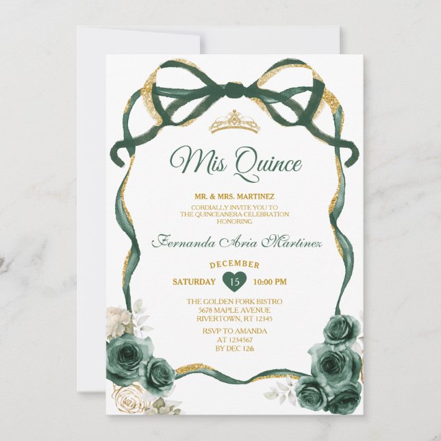 Invitation Emerald Green Bow Ribbon Gold Mis Quince (Devant)