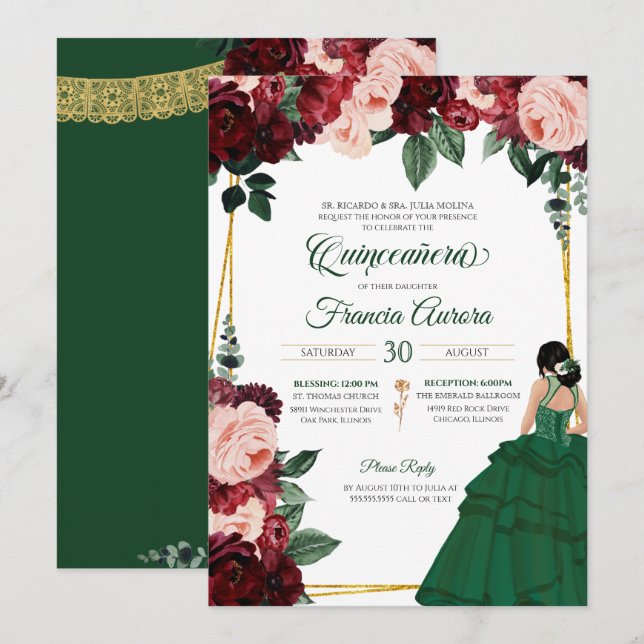 Invitation Emerald Green & Burgundy Rose Floral Quinceanera (Devant / Derrière)