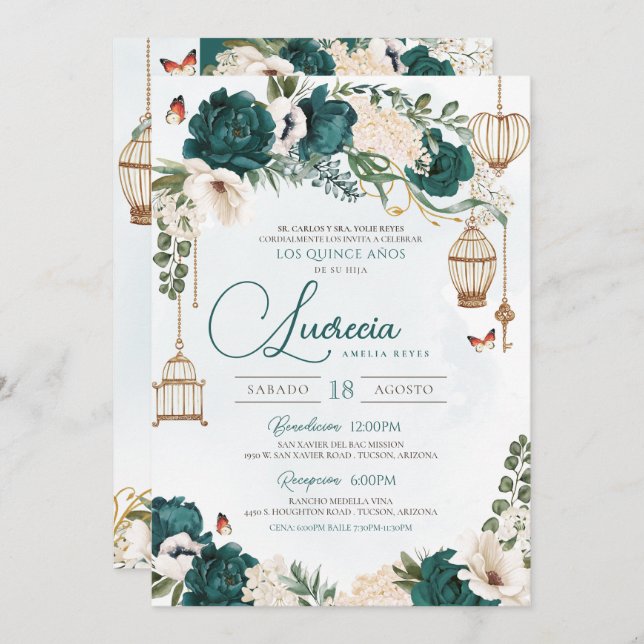 Invitation Emerald Green Butterfly Floral Elegant Quinceañera (Devant / Derrière)