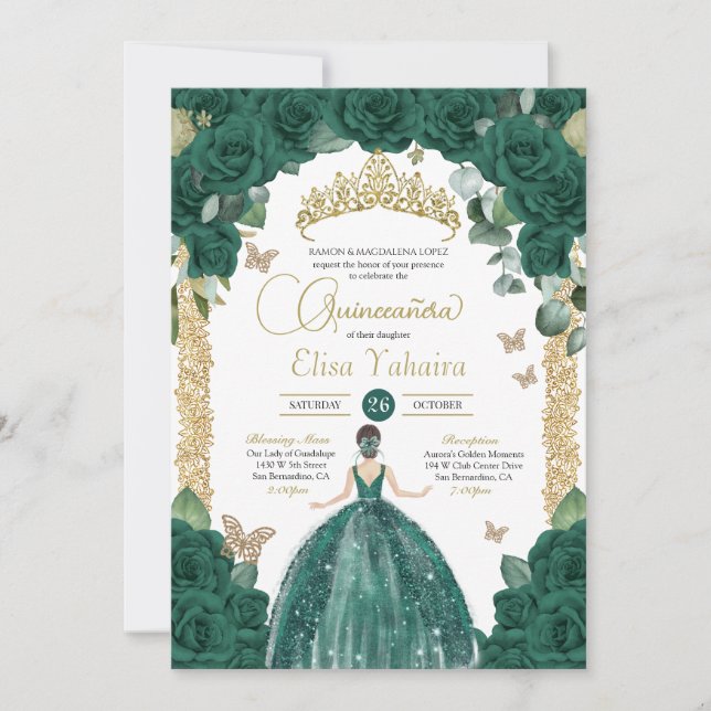 Invitation Emerald Green Butterfly Princess Quinceanera (Devant)