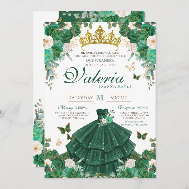 Invitation Emerald Green Butterfly Princess Quinceanera Rose (Devant / Derrière)