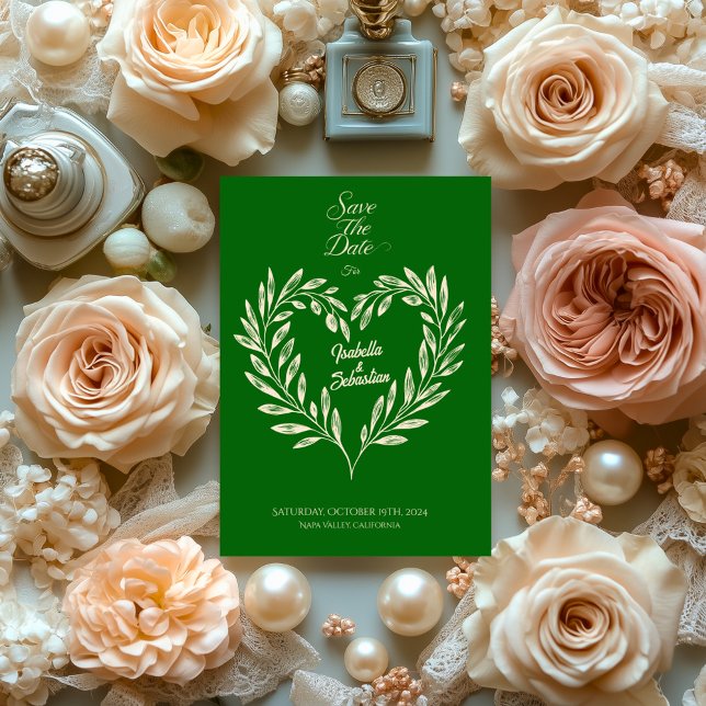 Invitation Emerald Green & Champagne Gold Heart Économisez La (Créateur téléchargé)
