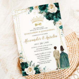 Invitation Emerald Green Champagne Twins Boy Girl Quinceañera