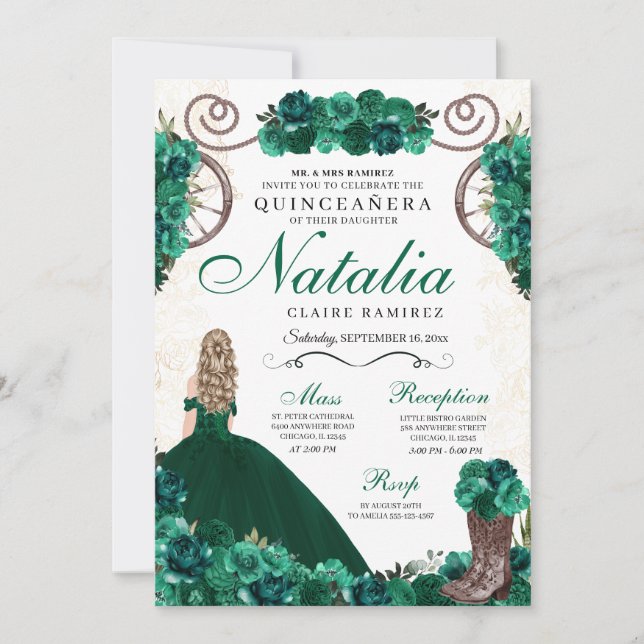 Invitation Emerald Green Charra Princess Quinceanera (Devant)