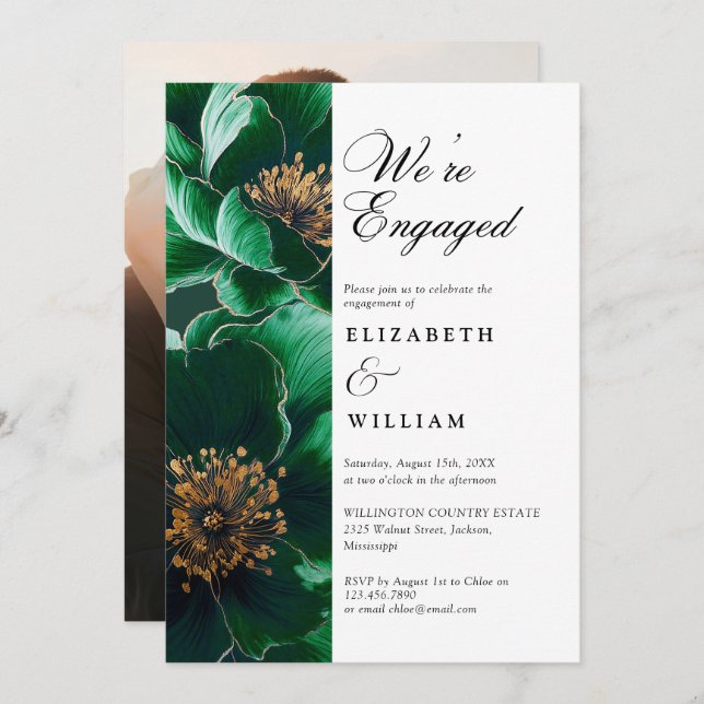 Invitation Emerald Green Chic Floral Engagement (Devant / Derrière)