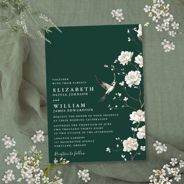 Invitation Emerald Green Chinoiserie Floral Garden Wedding (Emerald Green Chinoiserie Floral Garden Wedding Invitation)
