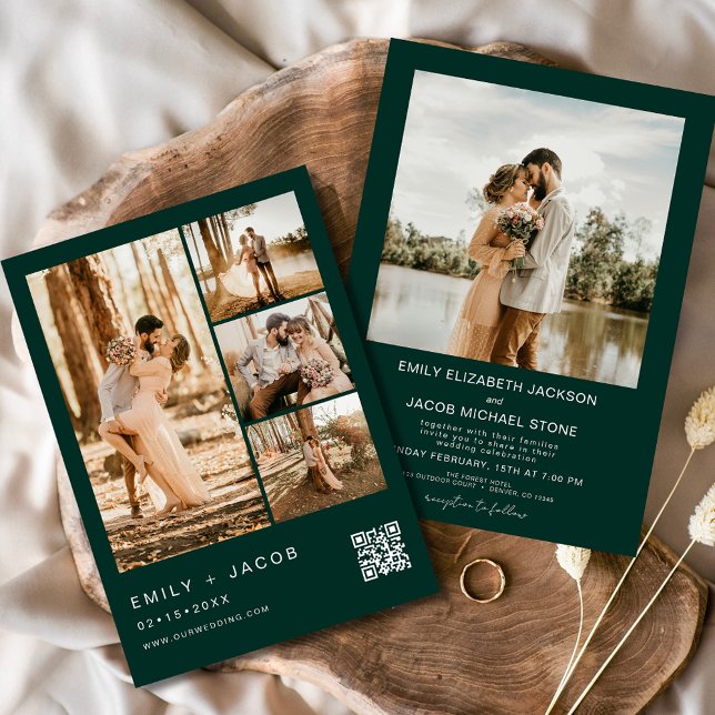 Invitation Emerald Green Cinq 5 Photo Code QR Mariage (Créateur téléchargé)