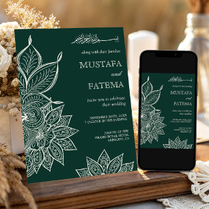 Invitation Emerald Green Cream Mehndi Henna Mariage musulman