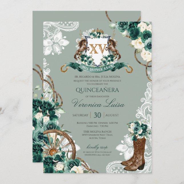 Invitation Emerald Green Crest Western Charro Quinceanera (Devant / Derrière)