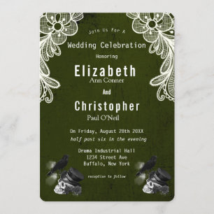 Invitation Emerald Green Crow Crâne Rose Mariage gothique