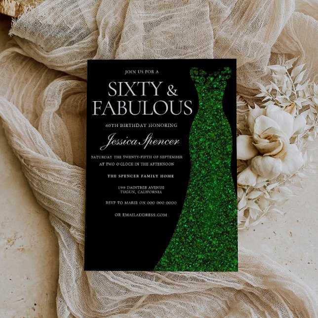 Invitation Emerald Green Dress Sixty &Fab Black 60th Birthday (Créateur téléchargé)