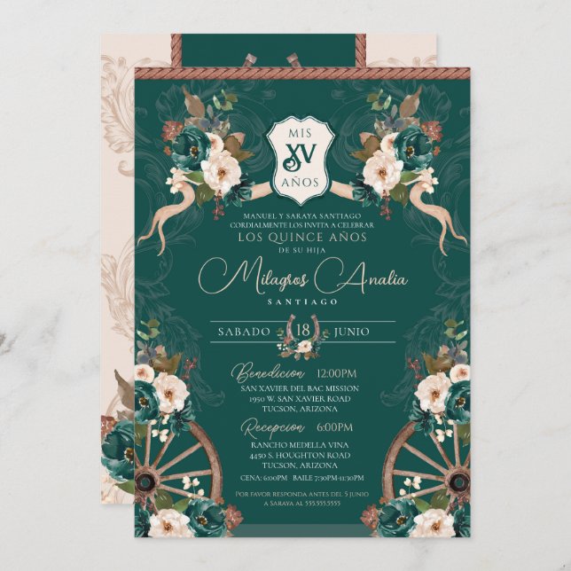 Invitation Emerald Green Elegant Baroque Charro Quinceanera (Devant / Derrière)