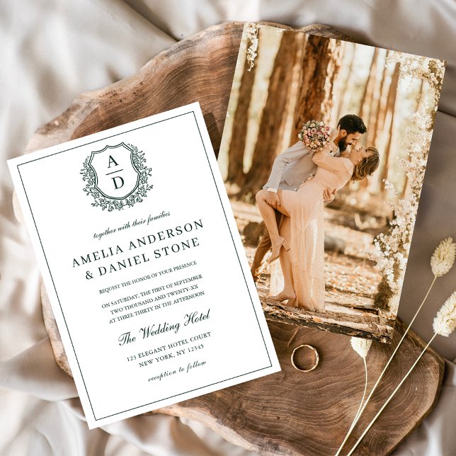 Invitation Emerald Green Elegant Crest Monogram Mariage (Créateur téléchargé)