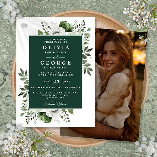 Invitation Emerald Green Elegant Floral Photo Mariage (Emerald Green Elegant Floral Photo Wedding Invitation)
