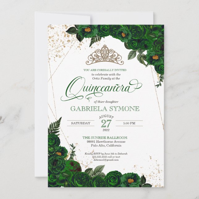 Invitation Emerald Green Elegant Rose Mis Quince Quinceanera (Devant)