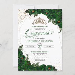 Invitation Emerald Green Elegant Rose Mis Quince Quinceanera
