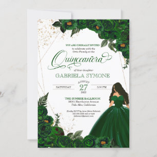 Invitation Emerald Green Elegant Roses et Gown 2 Quinceanera