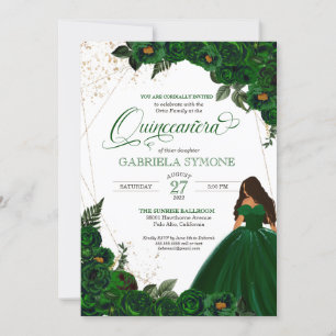 Invitation Emerald Green Elegant Roses et Gown 2 Quinceanera