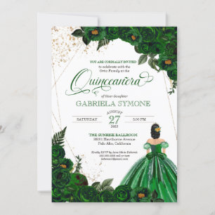 Invitation Emerald Green Elegant Roses et Gown Quinceanera I
