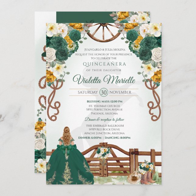 Invitation Emerald Green Elegant Western Charro Quinceanera (Devant / Derrière)