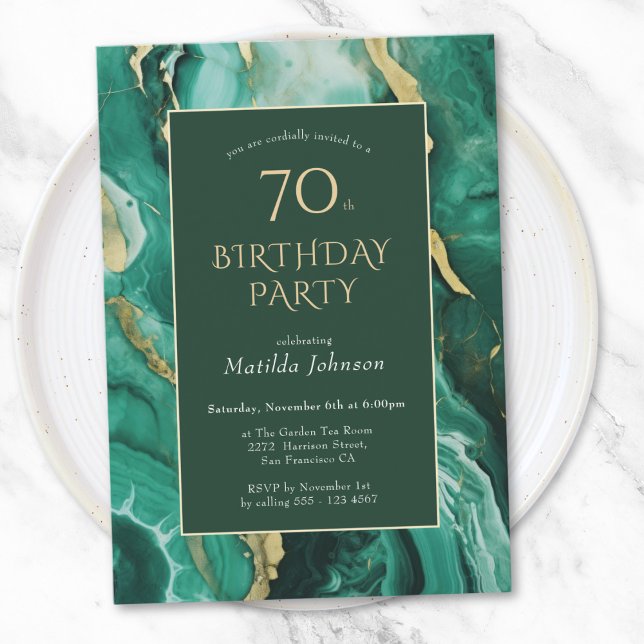 Invitation Emerald Green et Gold Agate 70e anniversaire (Emerald Green and Gold Agate 70th Birthday Invitation)