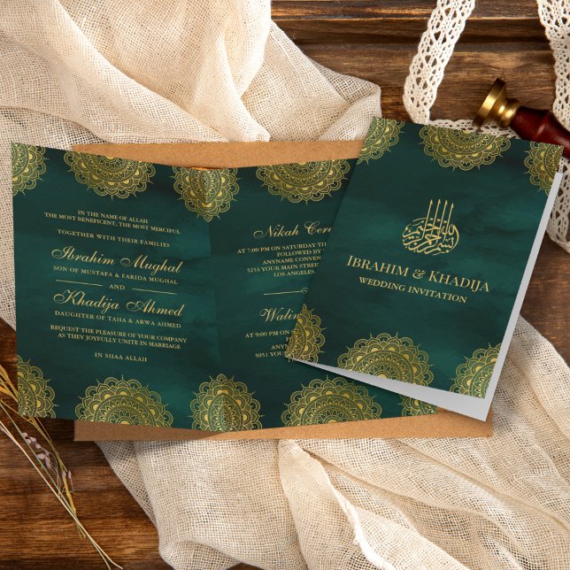 Invitation Emerald Green et Gold Asian Motif Mariage musulman (Créateur téléchargé)